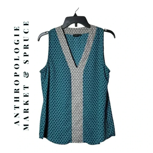 1843. ANTHROPOLOGIE MARKET & SPRUCE SLEEVELESS BLOUSE SIZE SMALL TEAL/BLACK/AQUA - Picture 1 of 9